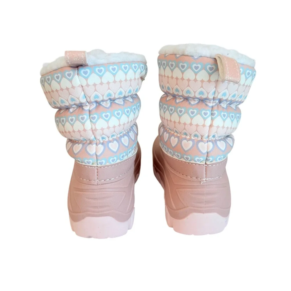 Member's Mark Snow Boots Kids 9/10 Pink Heart Pattern Faux Fur Insulated Bungee